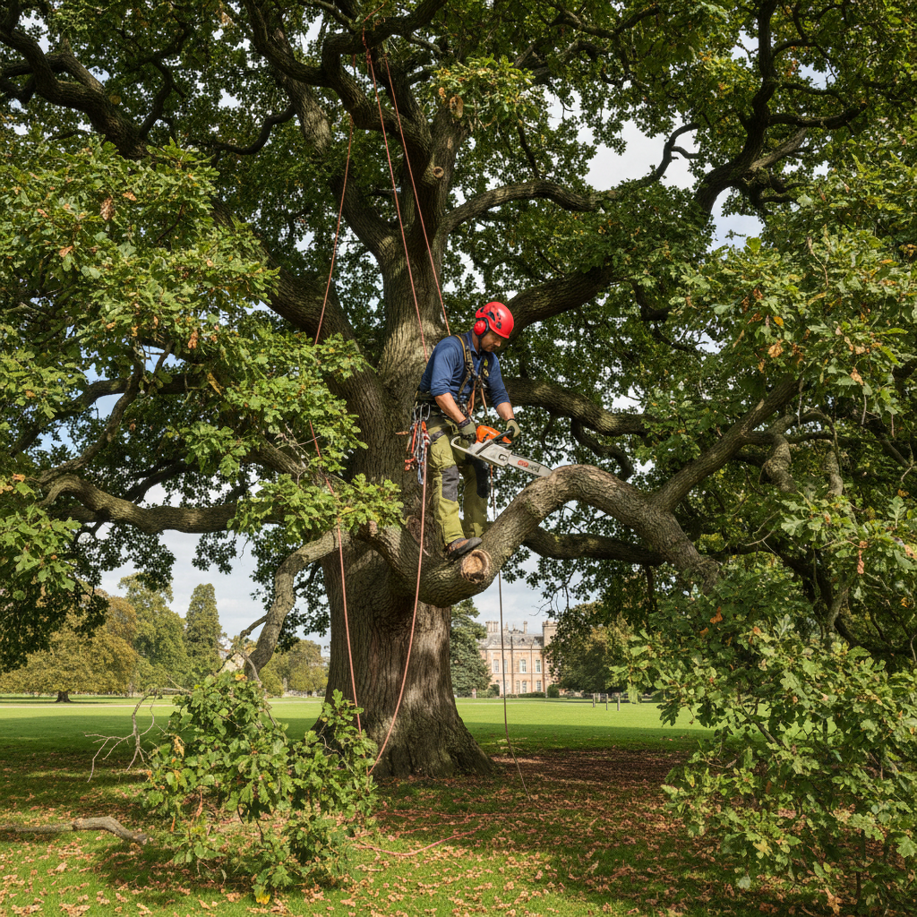 Aerial tree inspection by a climbing arborist — close-up access for canopy and decay assessment