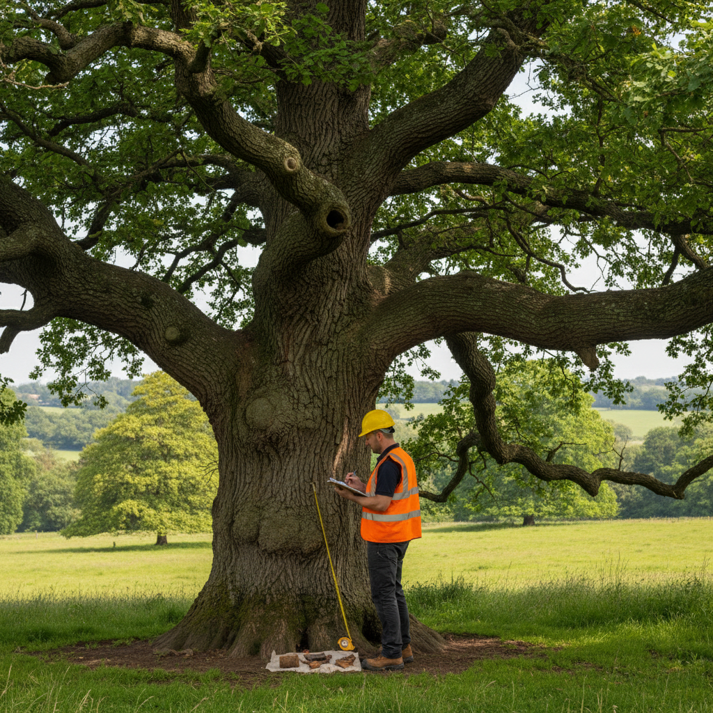 Tree inspection in the South East — close survey of a mature oak's stem and crown