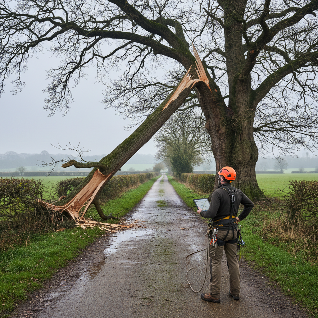 Post-storm tree damage assessment — split limb survey on a country lane in Sussex